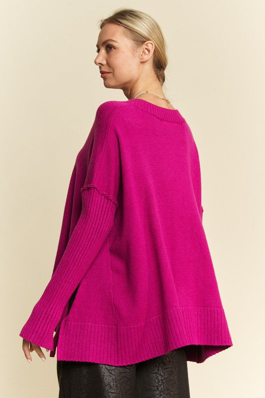 Davi & Dani Ribbed Side Slit V-Neck Sweater | Cerise