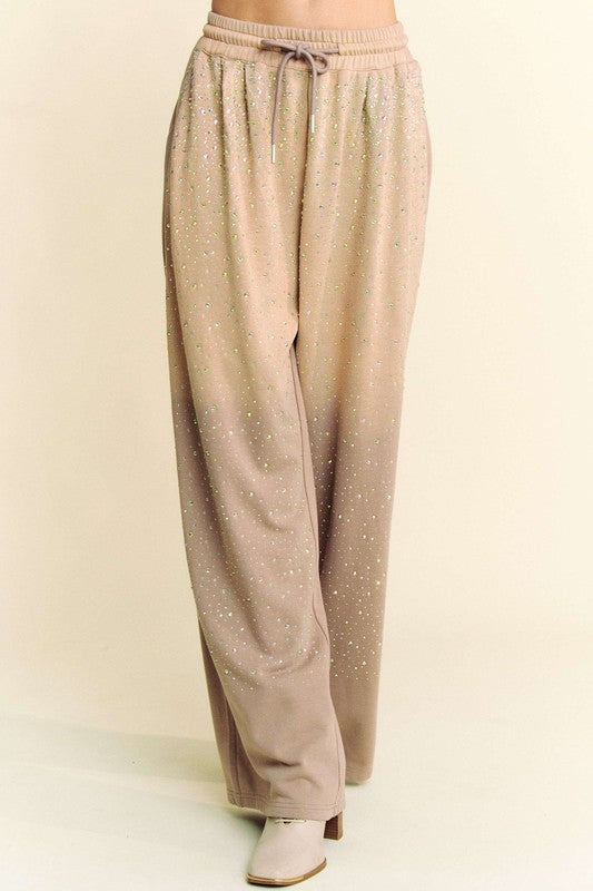 Davi & Dani Sparkling Rhinestone Pockets Drawstring Wide Leg Pants | Tan