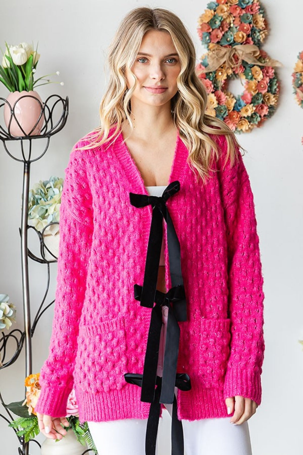 First Love Tie Closure Open Long Sleeves Relaxed Fit Knit Cardigan | Deep Rose