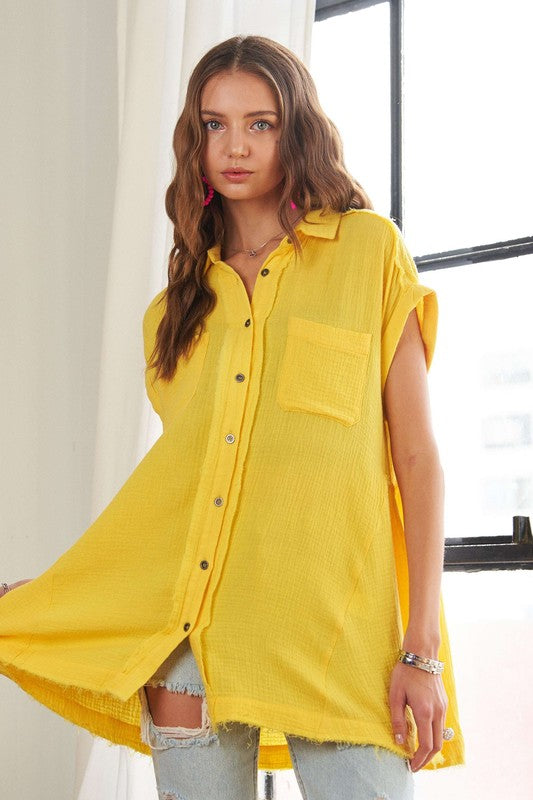 ADORA Raw Hem Collared Neck Short Sleeves Button Down Pockets Shirt | Yellow