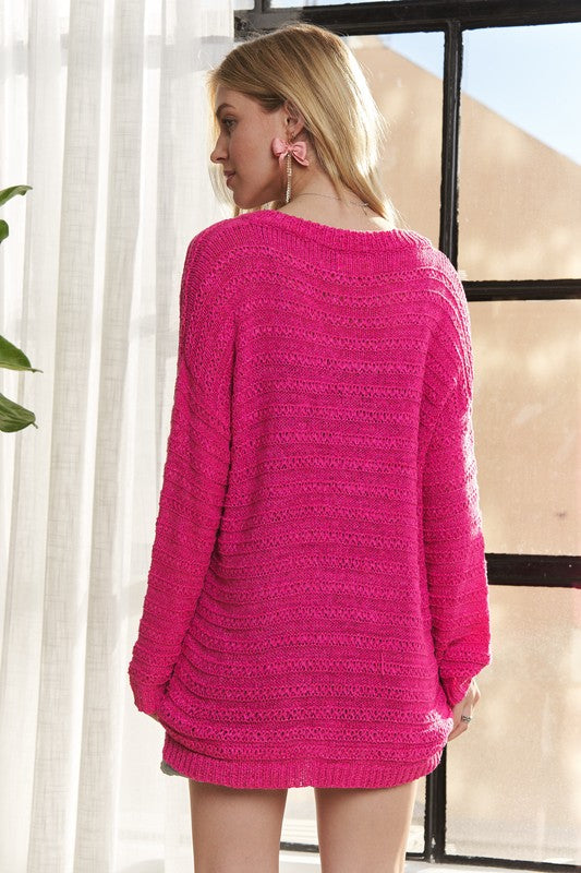 ADORA Textured V-Neck Drop Shoulder Long Sleeves Pullover Sweater | Deep Rose