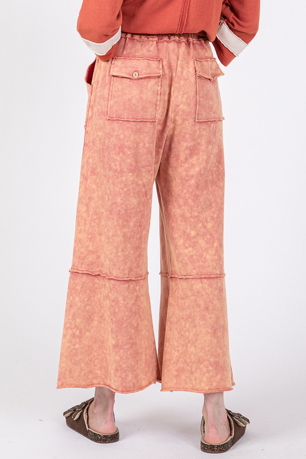 SAGE + FIG Mineral Washed Elastic Waist Terry Knit Wide Leg Pants | Raspberry