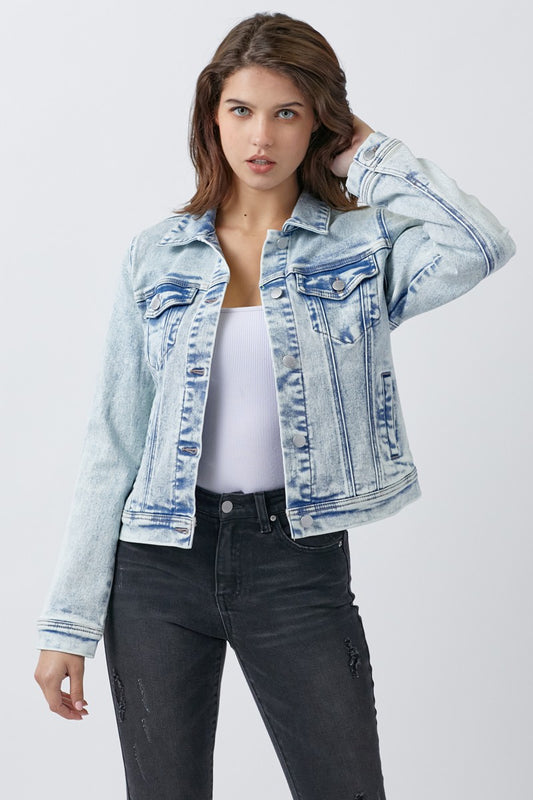 RISEN Long Sleeves Button Up Chest Pockets Vintage Light Wash Denim Jacket