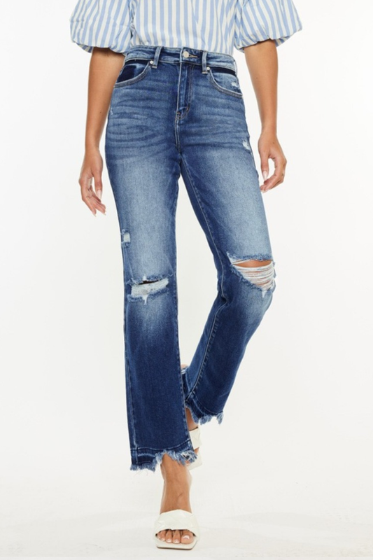 KanCan High Rise Waist Distressed Frayed Hem Dark Wash Slim Straight Denim Jeans
