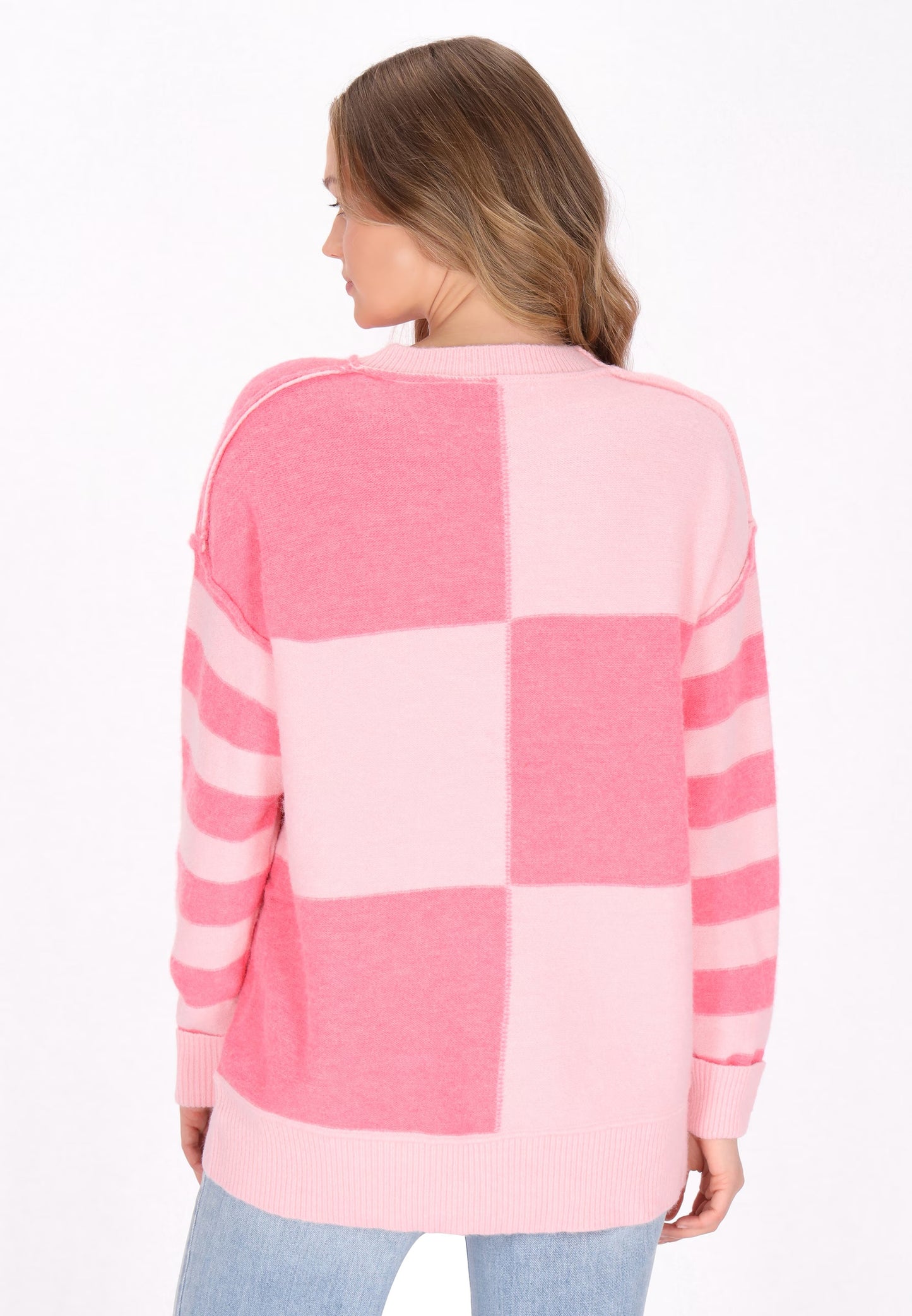 Threaded Pear Abigail Color Block Striped High Low Hem Loose Fit Sweater | Pink