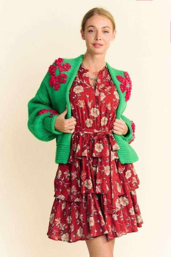 Davi & Dani Floral Applique Open Front Long Sleeves Bulky Cardigan | Green