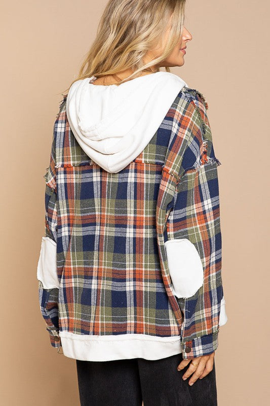 POL Oversized Fit Flannel Plaid Print Hooded Jacket with Pockets