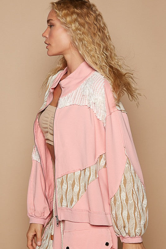 POL Applique Patchwork Zip Up Jacket | Watermelon Pink