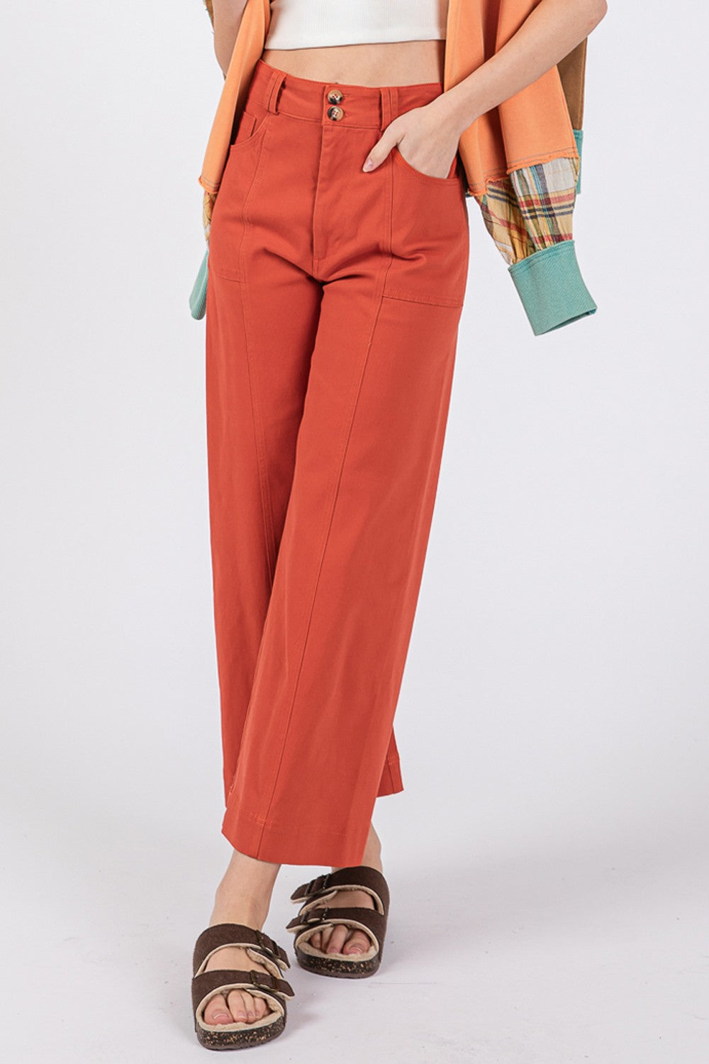 SAGE + FIG Adjustable Button Closure Pockets Wide Leg Cropped Pants | Cinnamon