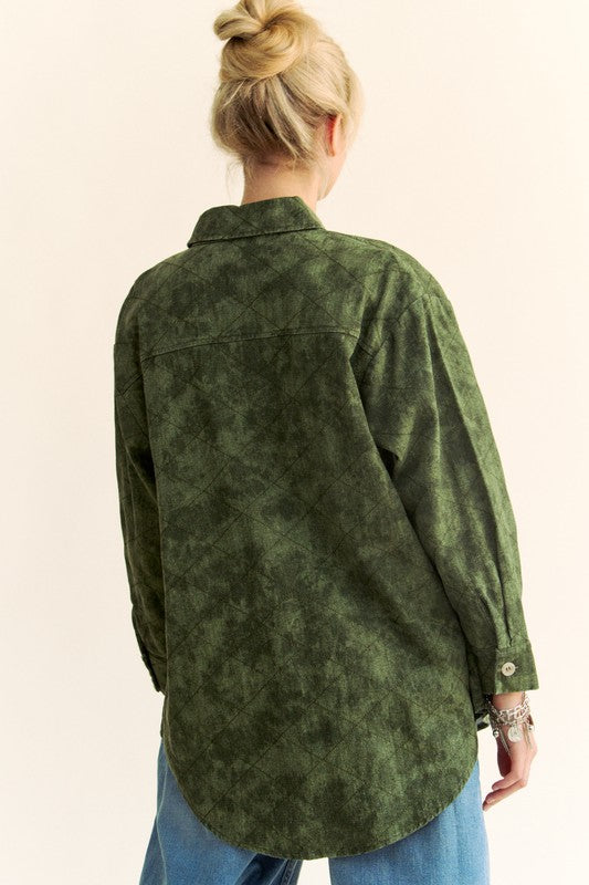 Davi & Dani Curved Hem Diamond Quilted Button Up Denim Shacket | Army Green