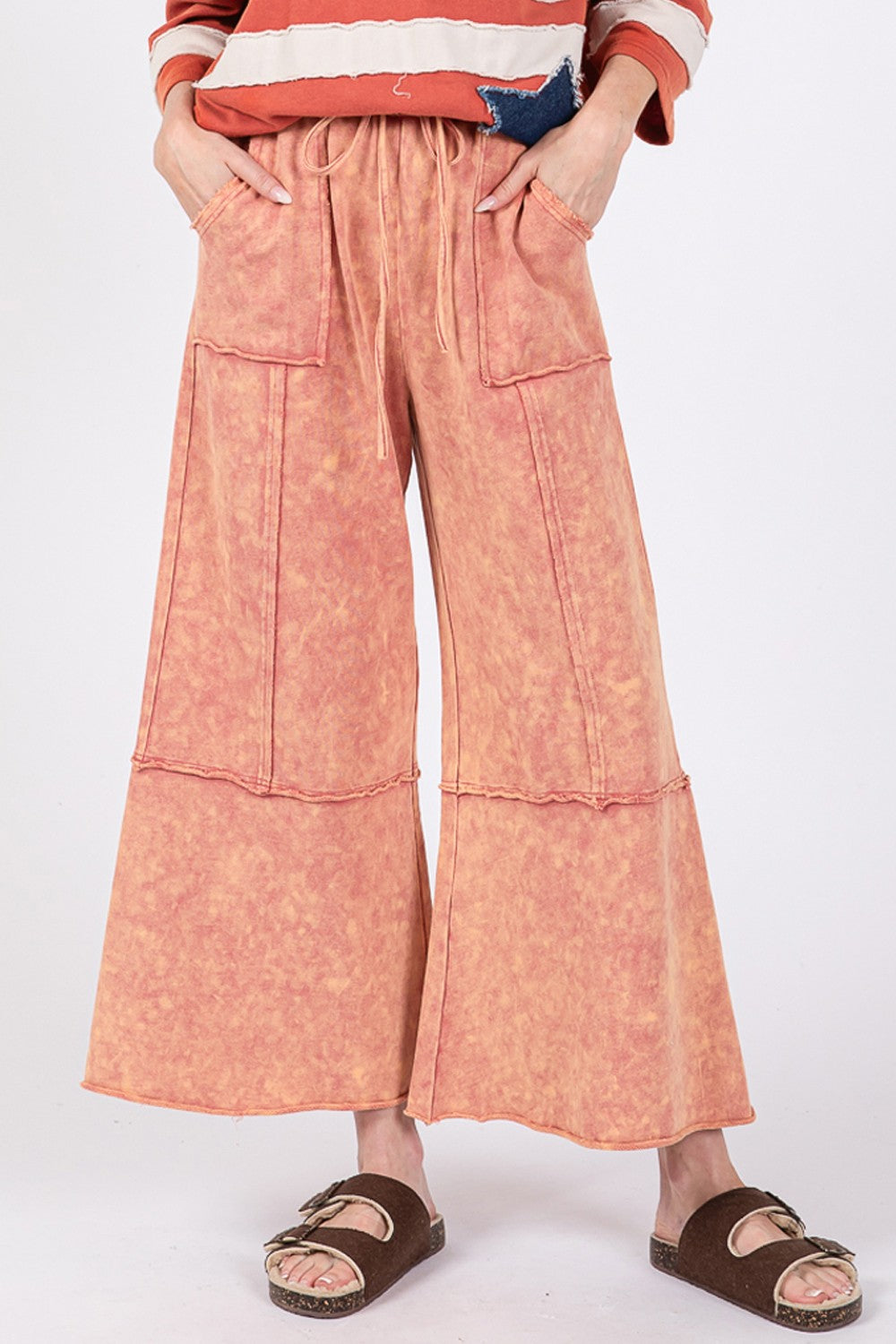 SAGE + FIG Mineral Washed Elastic Waist Terry Knit Wide Leg Pants | Raspberry