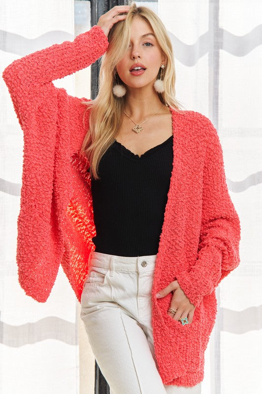 ADORA Popcorn Knit Pockets Long Sleeves Open Front Sweater Cardigan | Coral