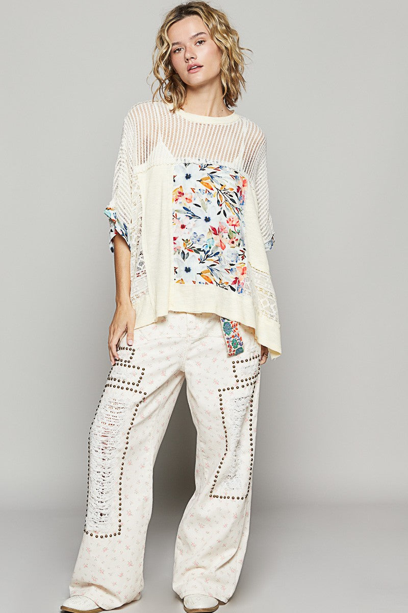 POL Hollow Out Floral Pattern Half Sleeves Raw Edge Oversized Knit Top | Cream