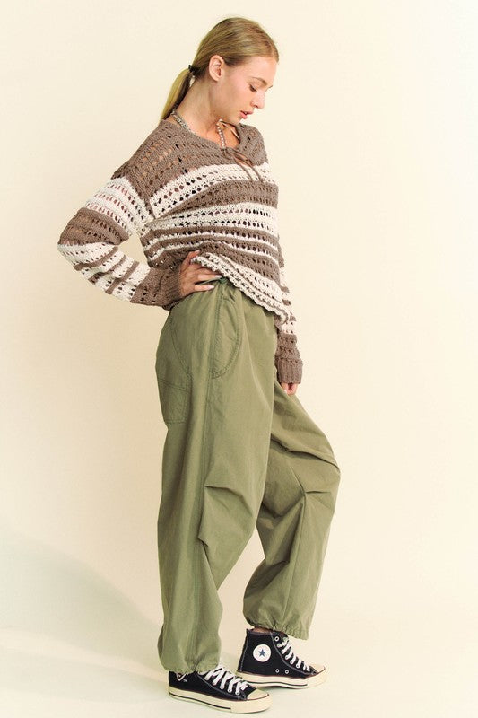 Davi & Dani Contrast Striped Crochet Tie Ribbon Loose Fit Knit Sweater | Taupe