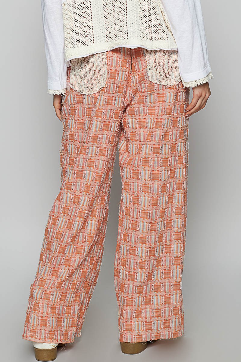 POL Lace Trim Drawstring Checkered Pattern Roomy Fit Wide Leg Pants | Orange