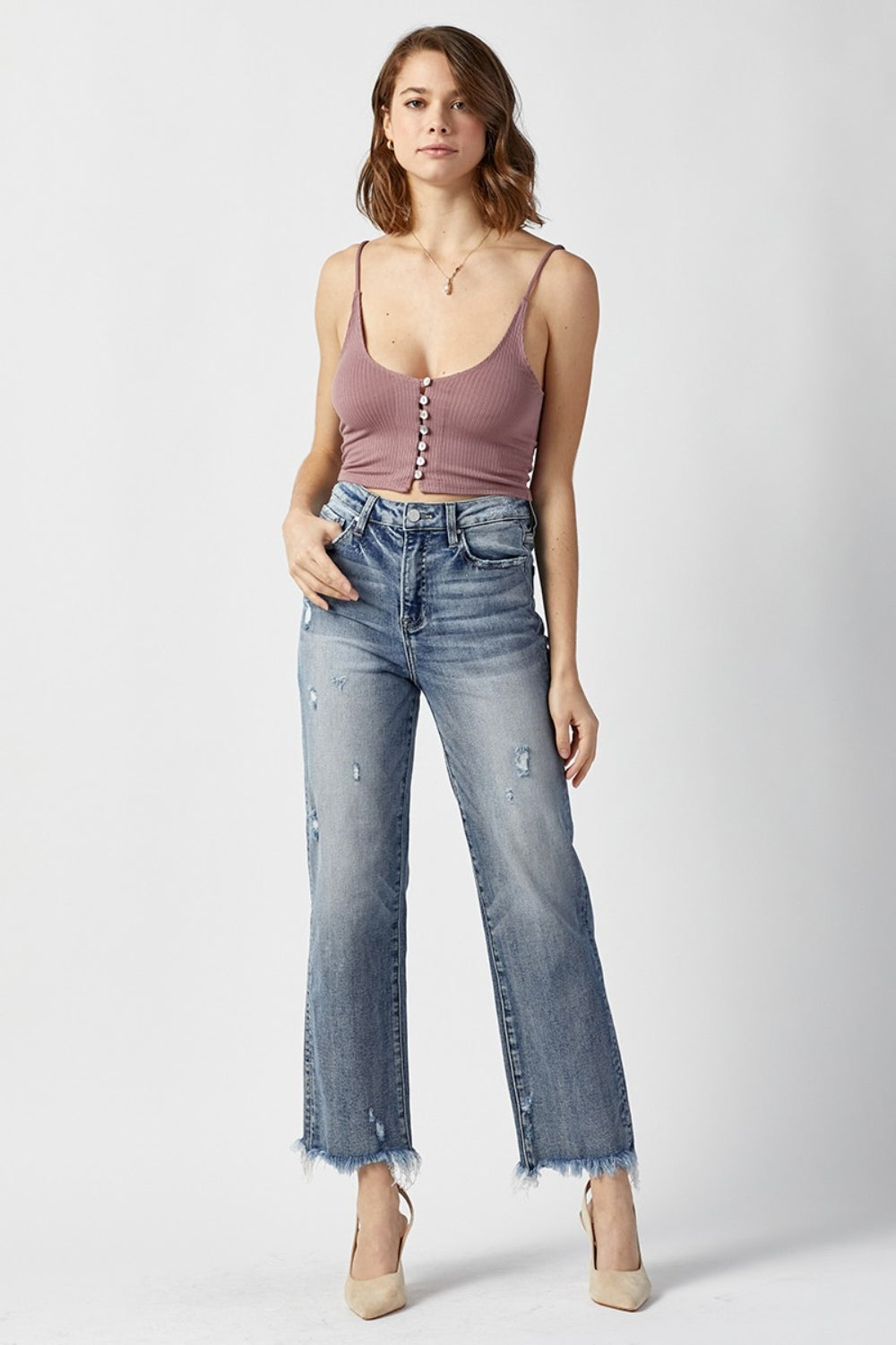 RISEN High Waist Raw Hem Distressed Light Wash Cropped Straight Denim Jeans