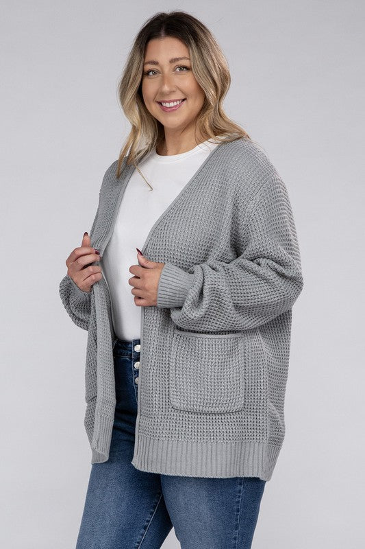 ZENANA Plus Low Gauge Waffle Oversized Open Front Sweater Cardigan