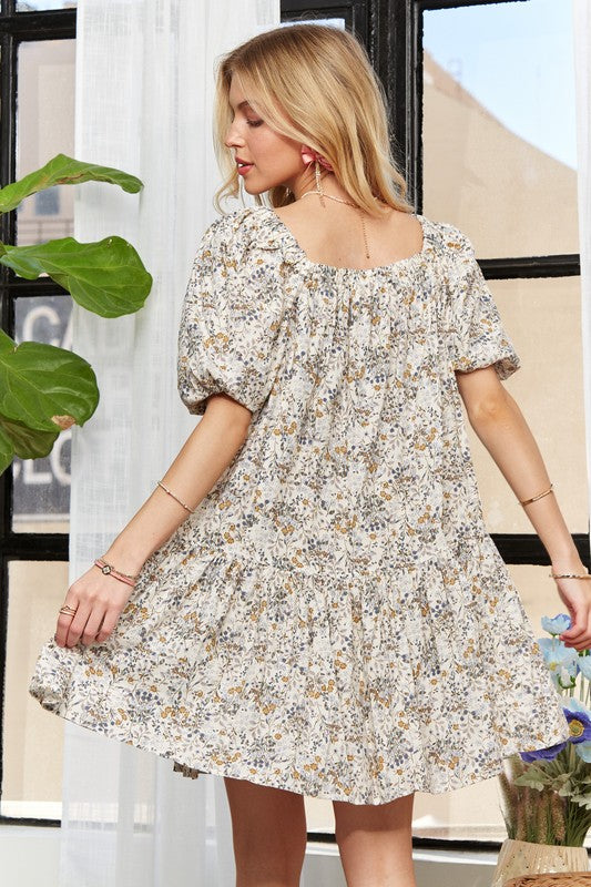 ADORA Floral Square Neck Puff Sleeve Dress | Light Blue