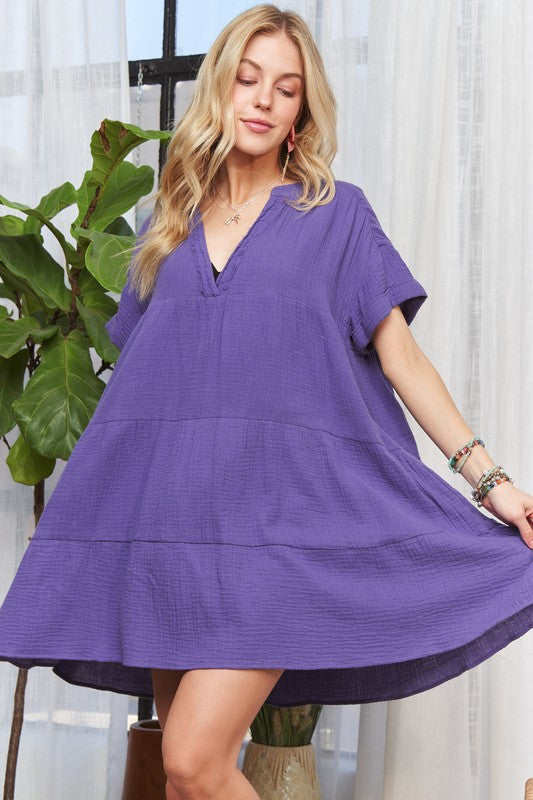 ADORA Tiered Detail V-Neck Short Sleeves Drop Shoulder Babydoll Dress | Purple