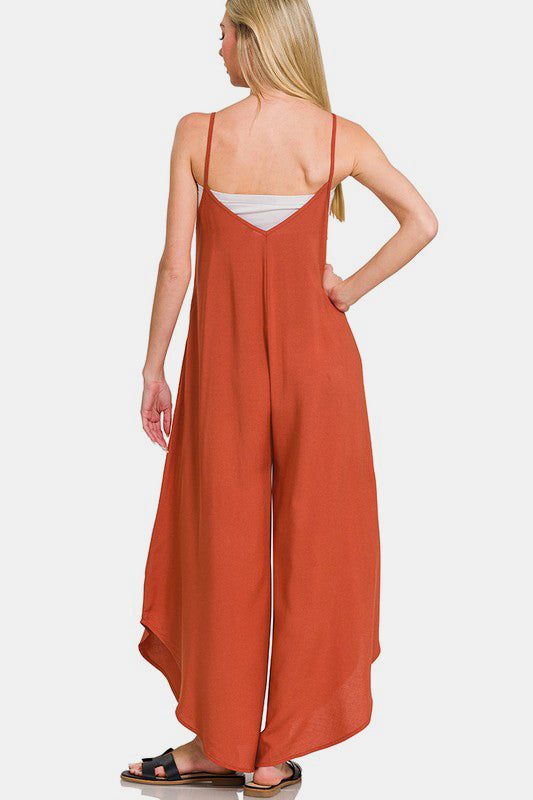 Zenana Spaghetti Strap Side Pockets Wide Leg Rayon Challis Jumpsuit | Rust