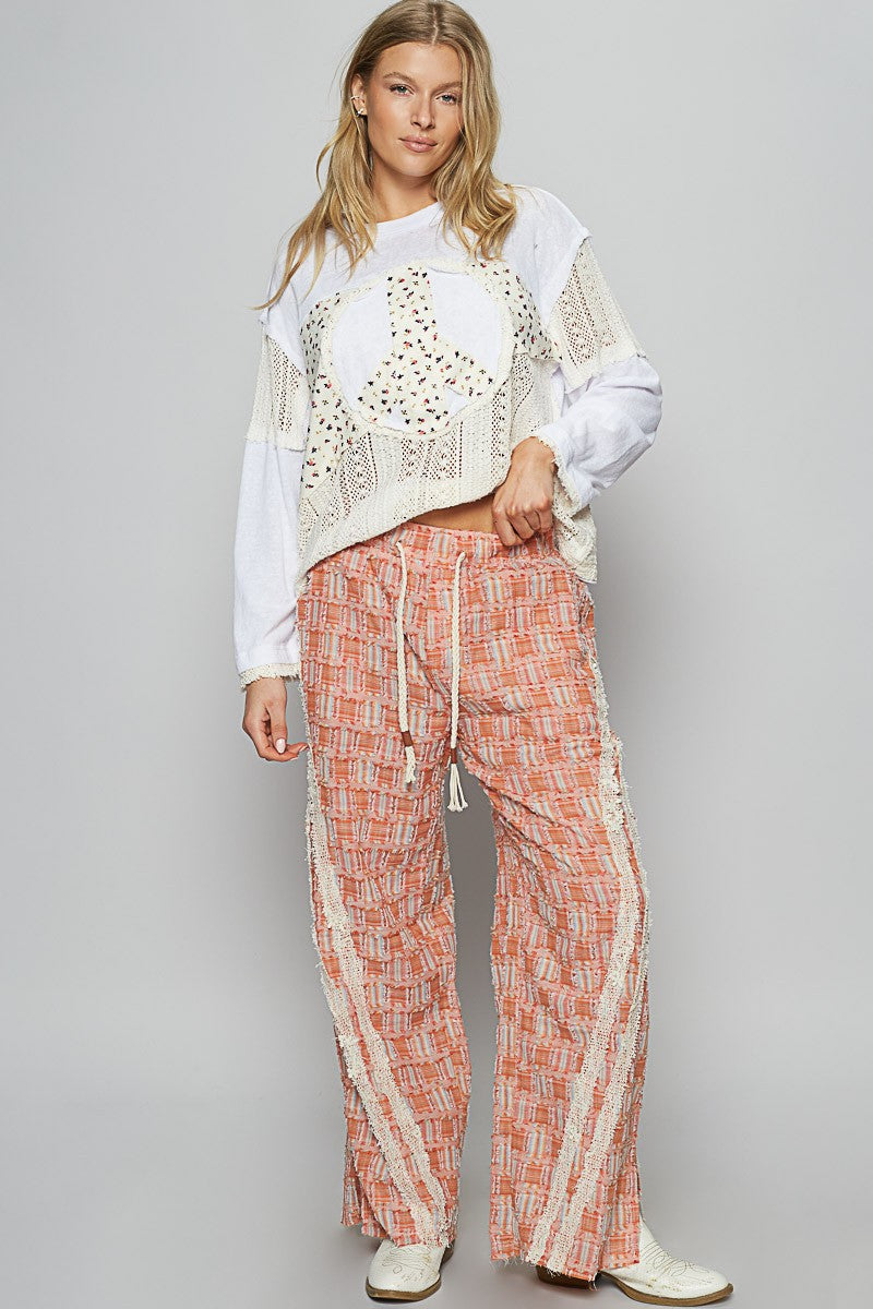 POL Lace Trim Drawstring Checkered Pattern Roomy Fit Wide Leg Pants | Orange