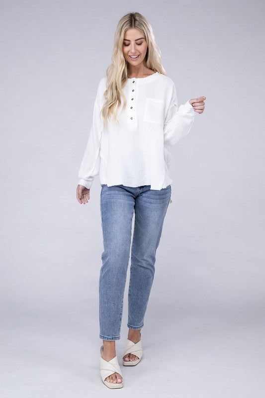 ZENANA Double Gauze Oversized 3/4 Button Henley Neck Top