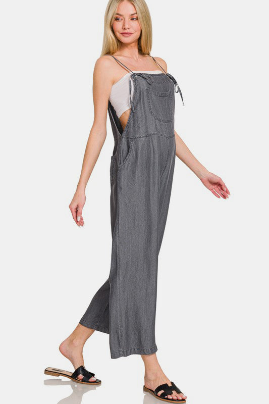 Zenana Enzyme Washed Adjustable Strap Pockets Wide Leg Denim Overalls | Black