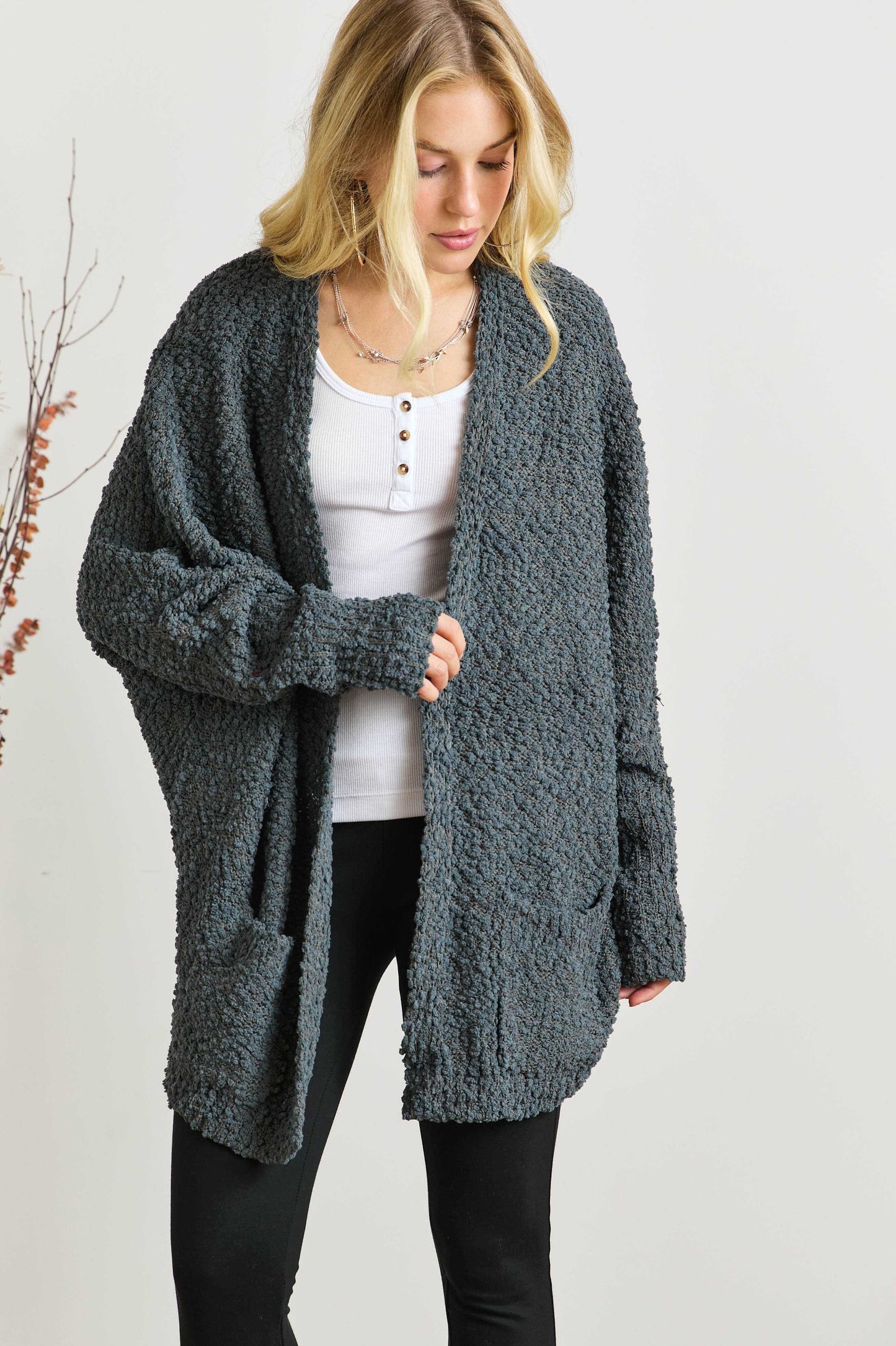 ADORA Popcorn Knit Pockets Long Sleeves Open Front Sweater Cardigan | Dark Olive