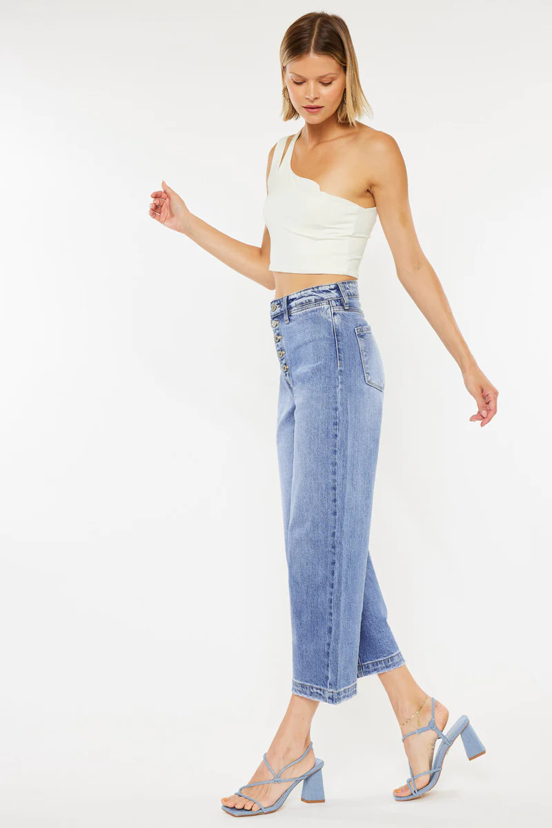 KanCan Ultra High Rise Button Fly Stretch Cropped Wide Leg Jeans