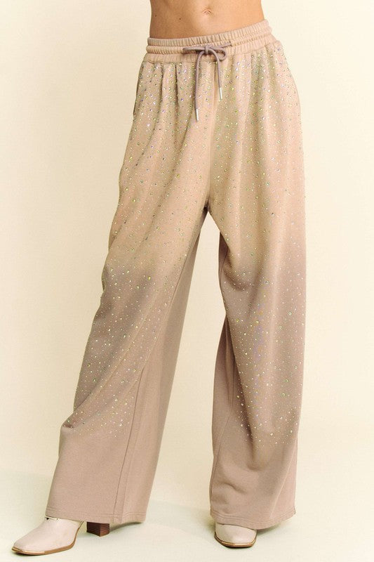 Davi & Dani Sparkling Rhinestone Pockets Drawstring Wide Leg Pants | Tan