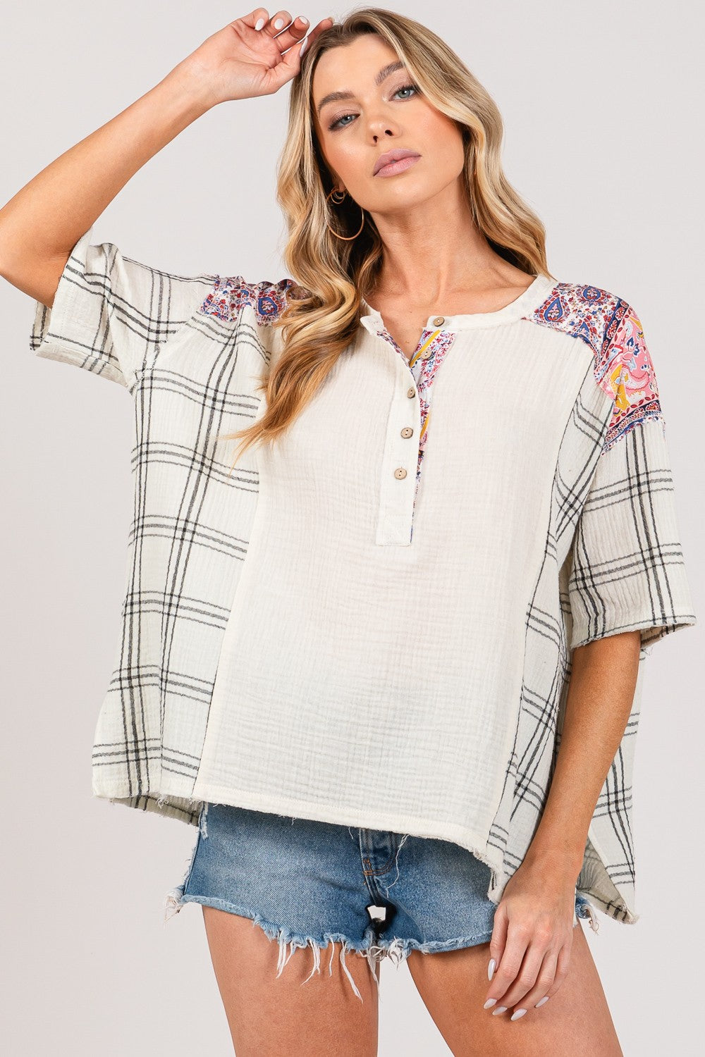 SAGE + FIG Plaid Pattern Half Button Gauze Short Sleeves Oversized Top | Ivory