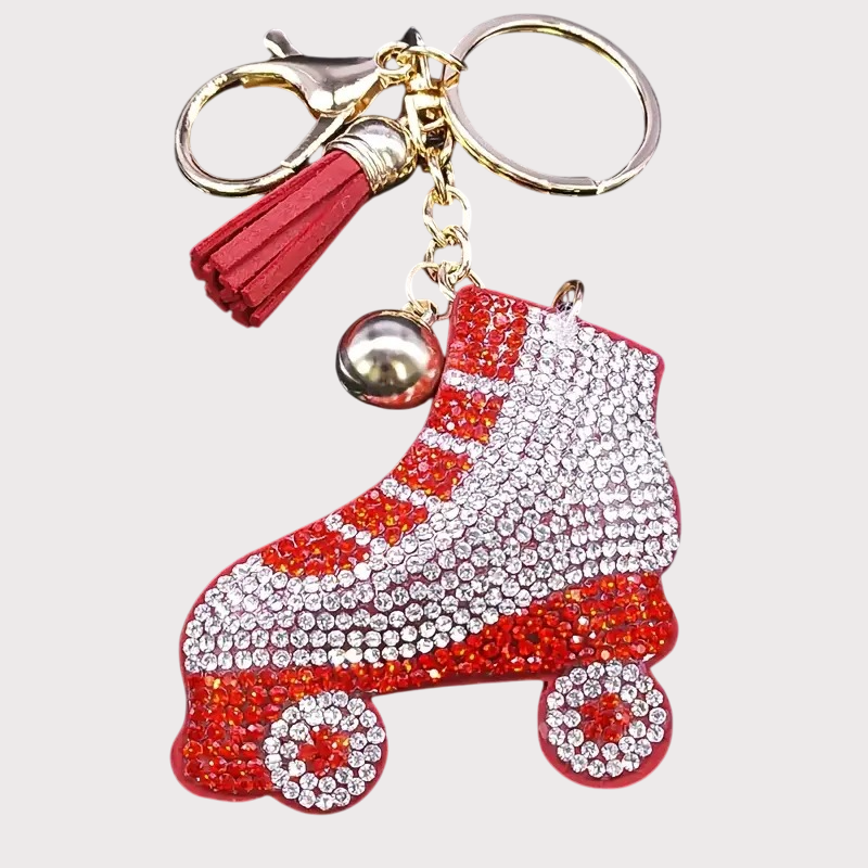 Adorable Crystal Roller Skate Pillow Puffy Tassel Keychain with Bag Charm