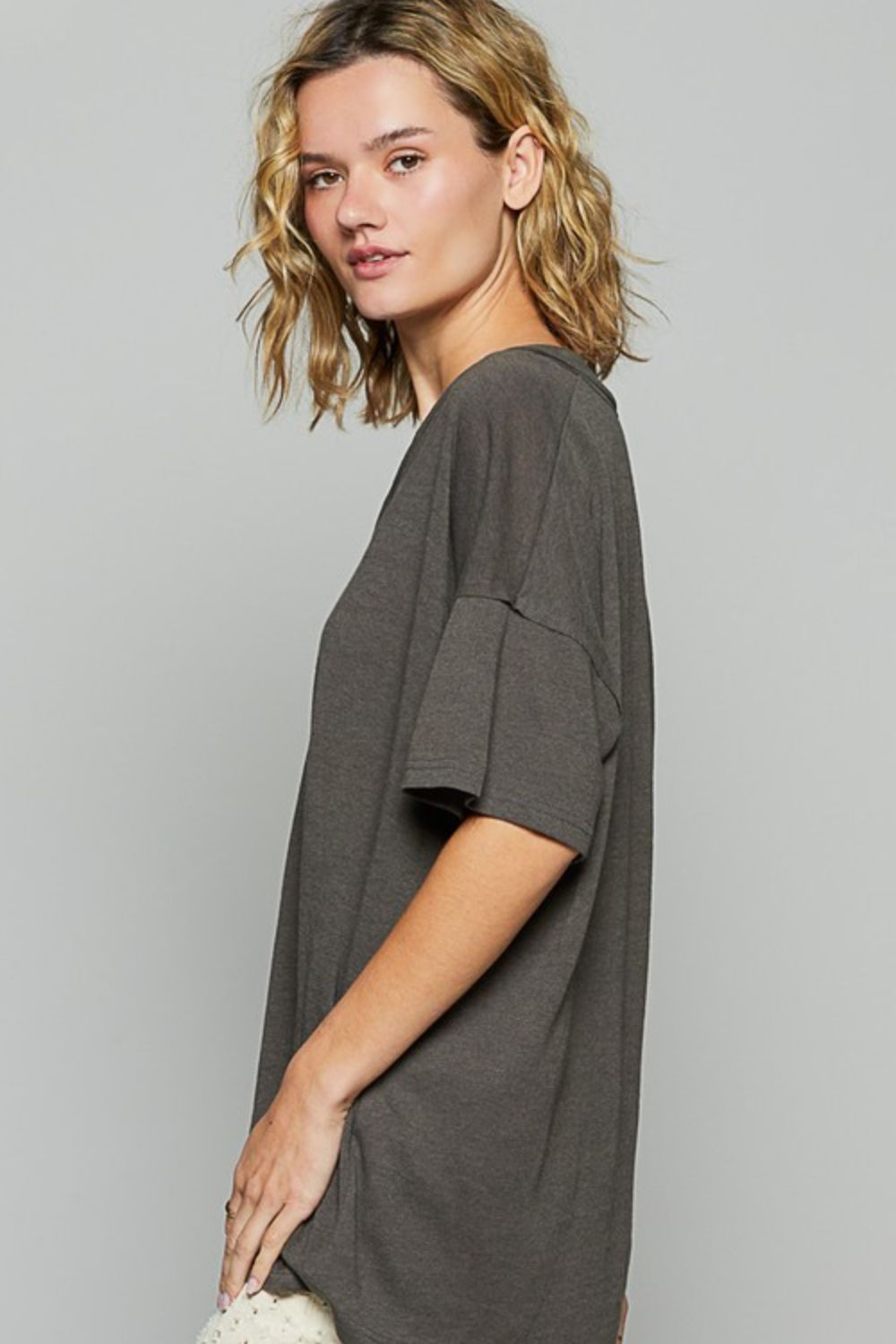 POL V-Neckline Short Sleeves Roomy Fit Stone Washed Knit T-Shirt | Charcoal