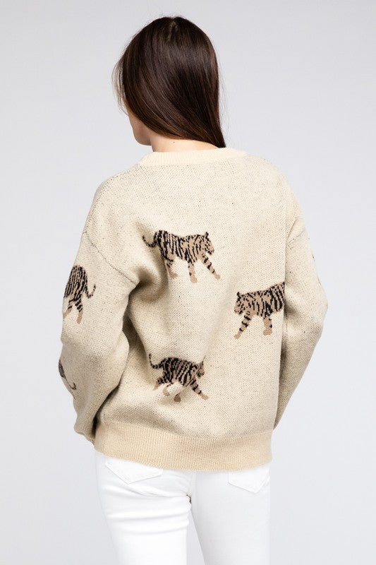 BiBi Relaxed Fit Tiger Pattern Long Sleeves Pullover Sweater