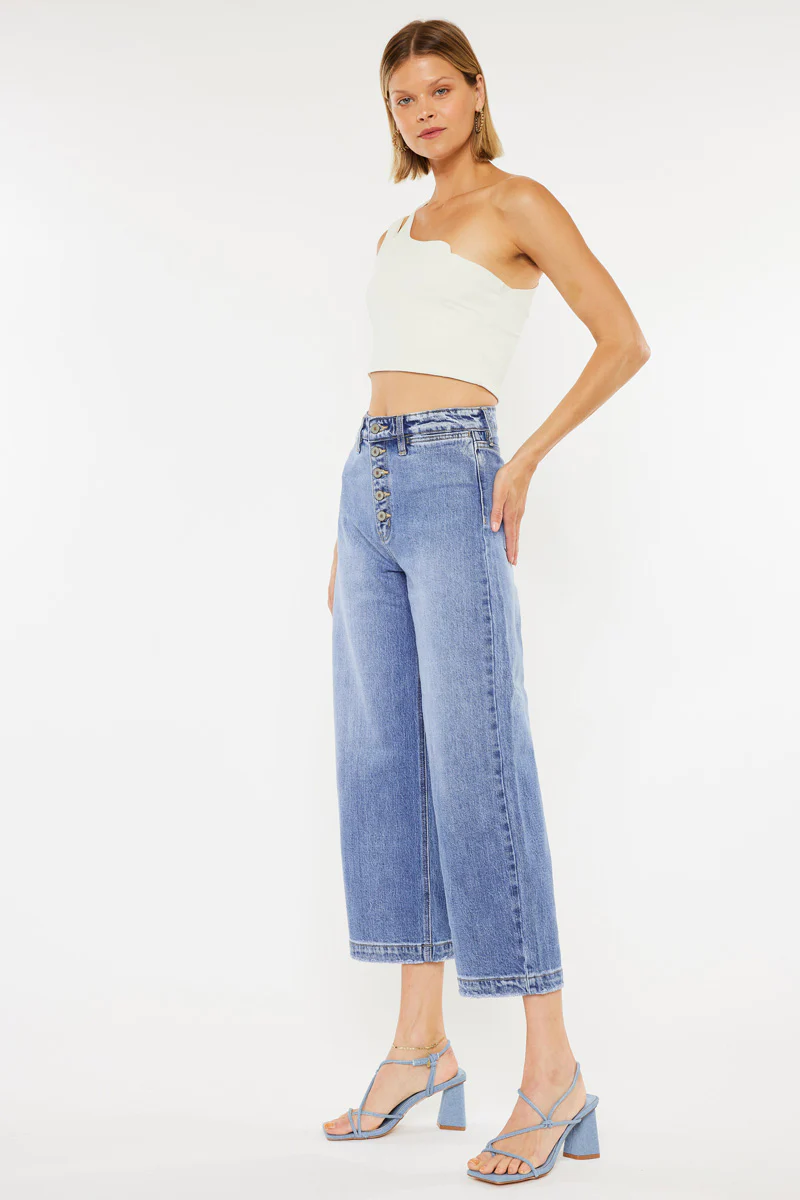 KanCan Ultra High Rise Button Fly Stretch Cropped Wide Leg Jeans