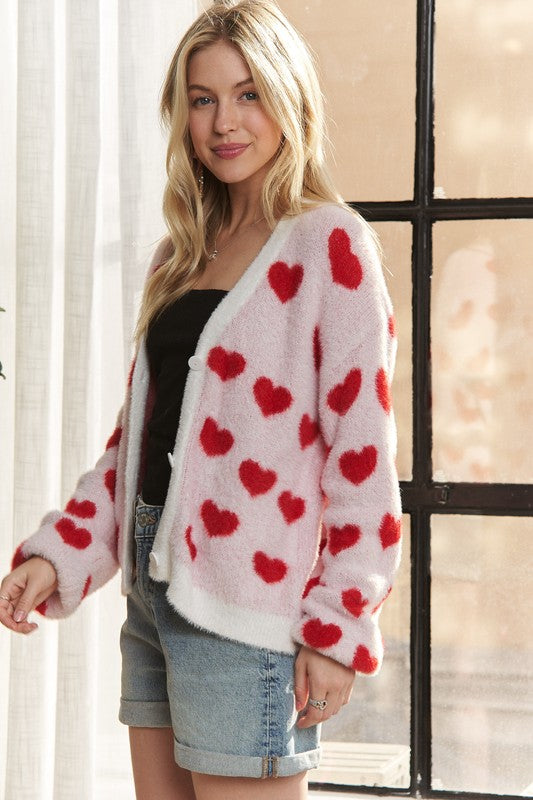 ADORA Fuzzy Lovely Heart Pattern Button Down Knit Sweater Cardigan | Ivory/Red