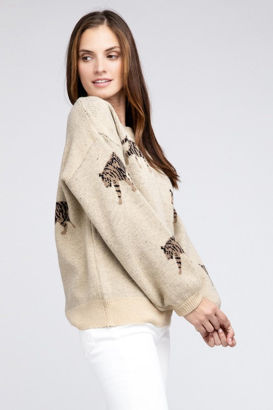 BiBi Relaxed Fit Tiger Pattern Long Sleeves Pullover Sweater