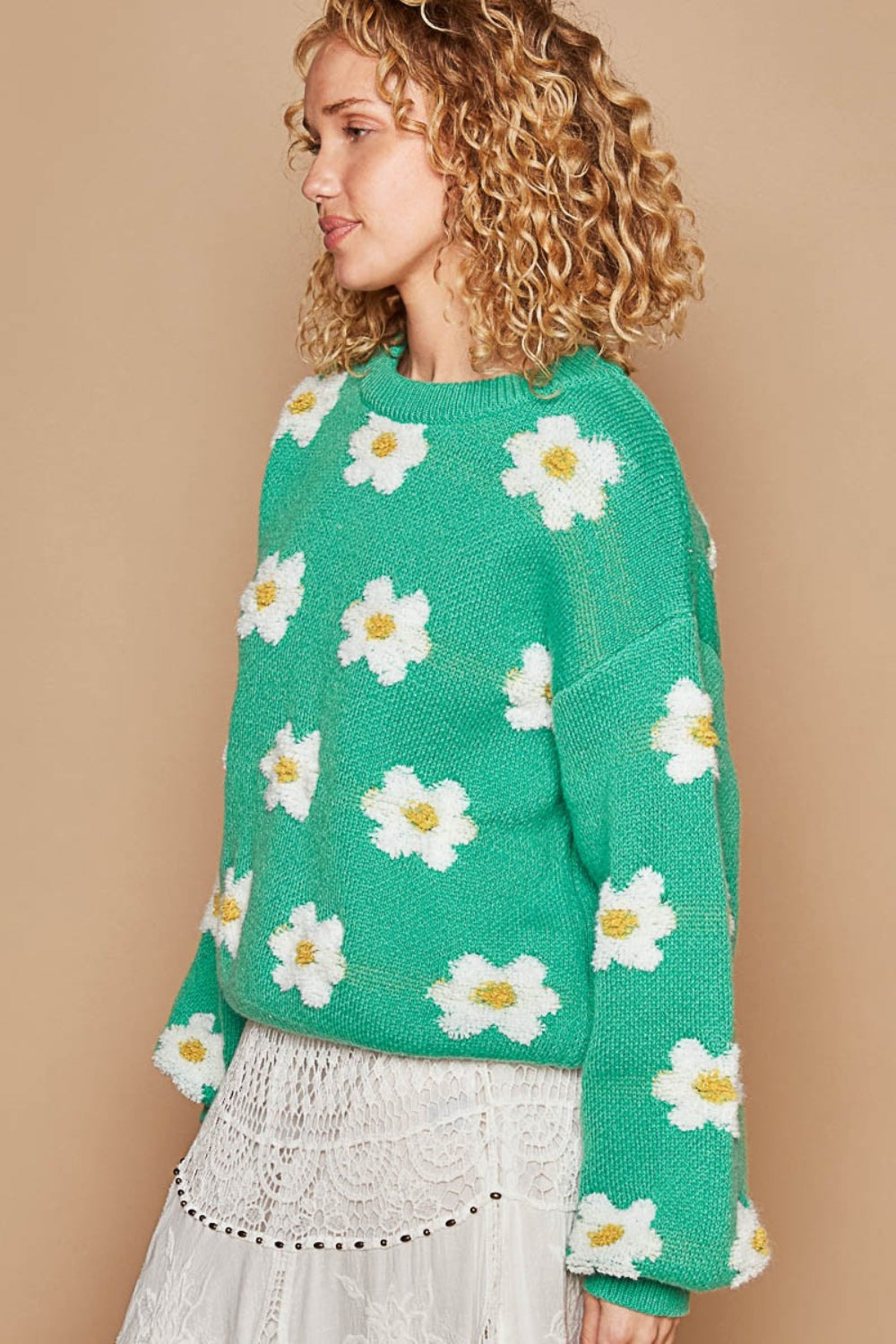 POL Daisy Pattern Drop Shoulder Round Neck Oversized Pullover Sweater | Shamrock