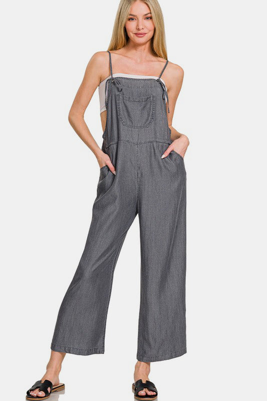 Zenana Enzyme Washed Adjustable Strap Pockets Wide Leg Denim Overalls | Black