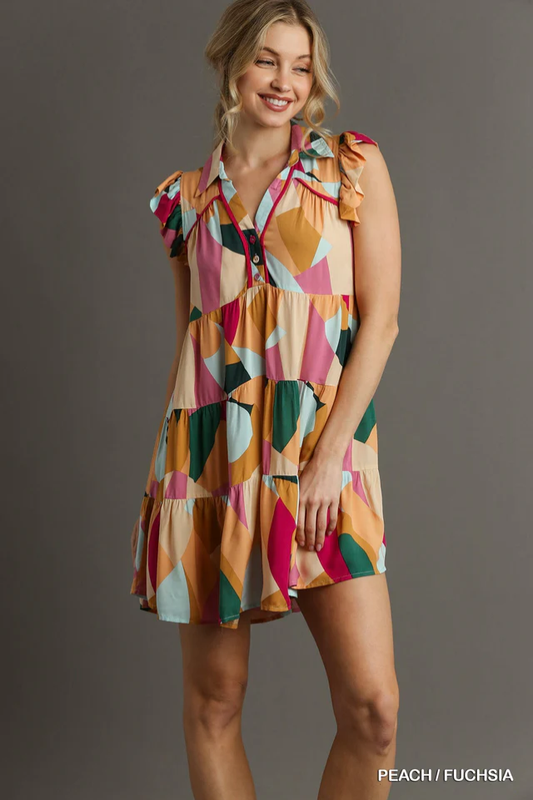 Umgee Abstract Print Button Detail Ruffle Cap Sleeves Tiered Mini Dress | Peach