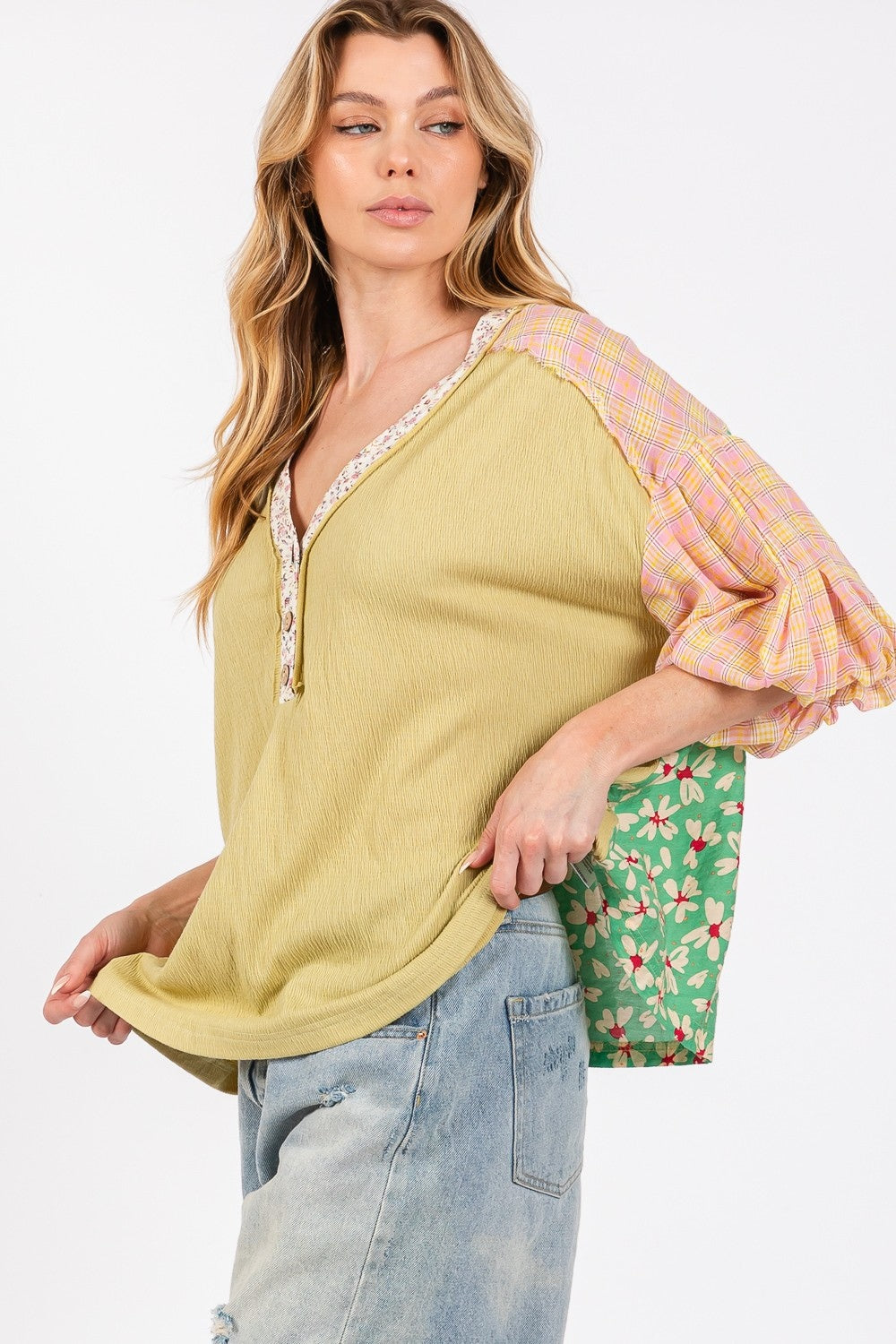 SAGE + FIG Color Block Plaid Print Bubble Short Sleeves Oversized Blouse | Sage