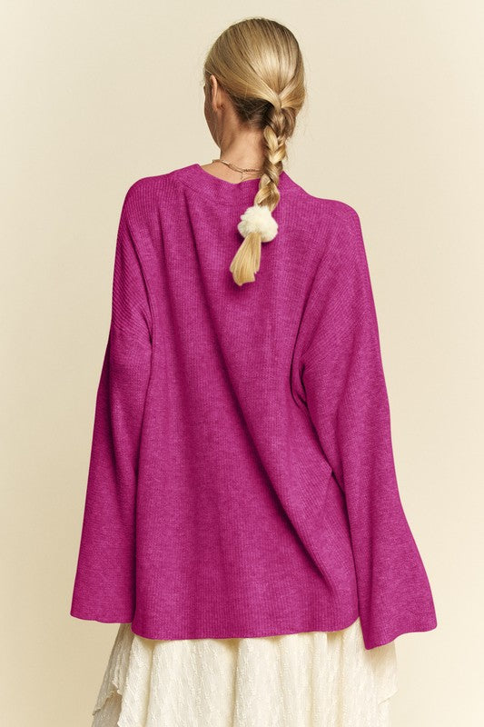 Davi & Dani High-Low Crew Neck Voluminous Sleeves Pullover Sweater | Purple