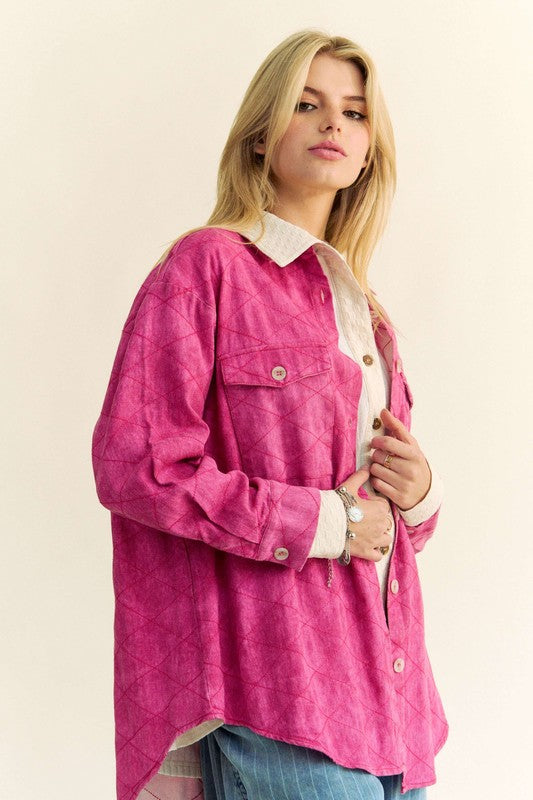 Davi & Dani Curved Hem Diamond Quilted Button Up Denim Shacket | Hot Pink