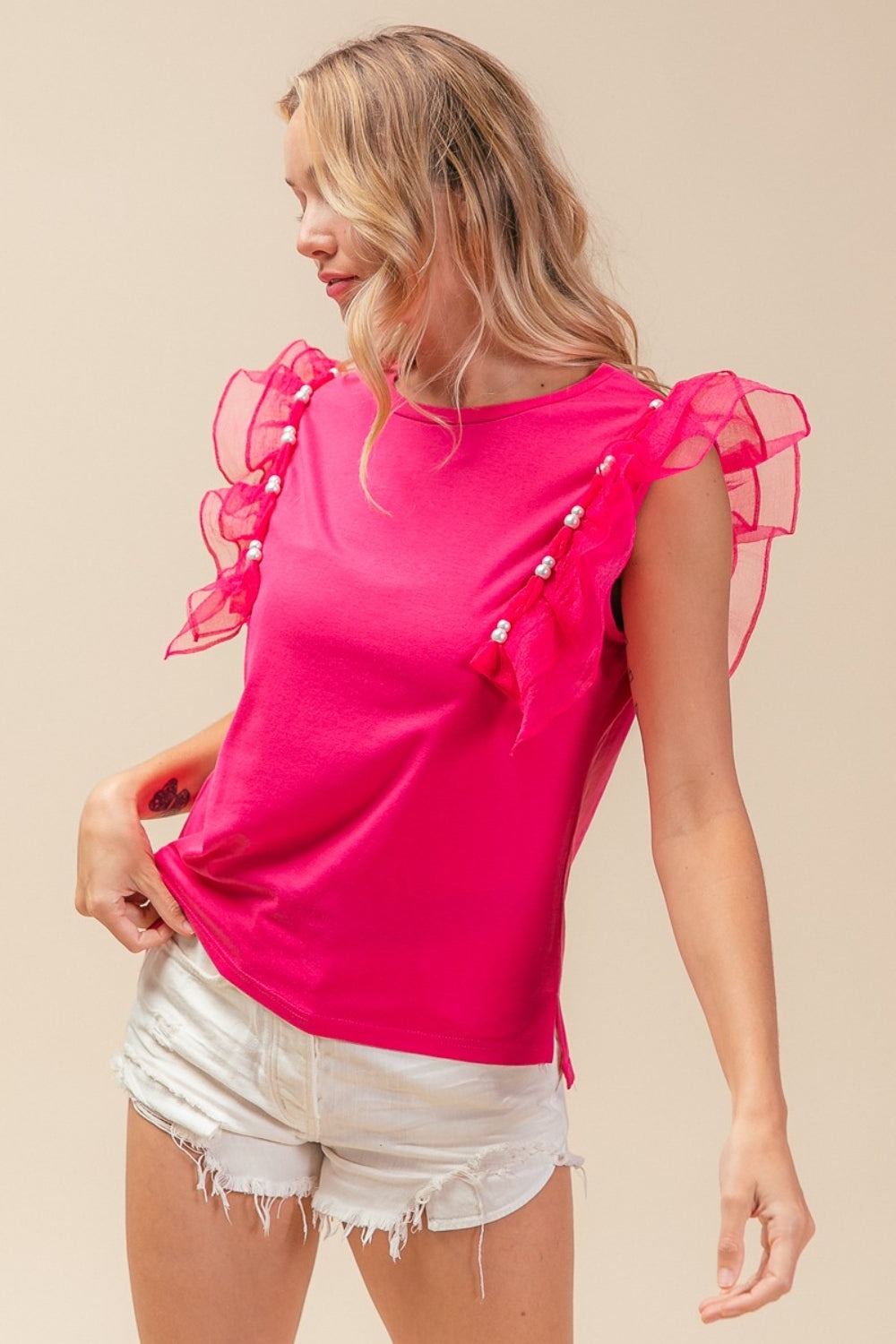 BiBi Pearl Decor Mesh Ruffle Sleeves High-Low Hem Round Neck Top | Fuchsia