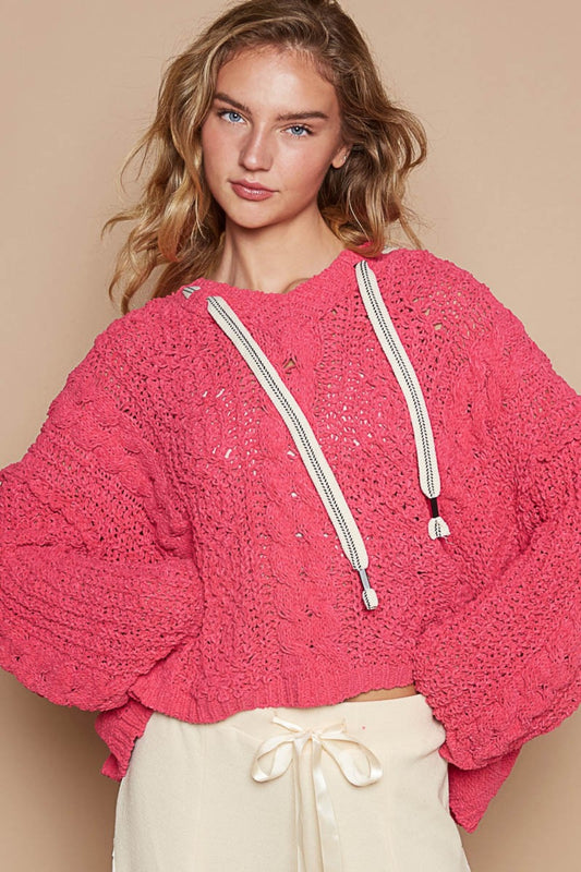 POL Cable Knit V-Neck Long Sleeves Hooded Chenille Pullover Sweater | Fuchsia