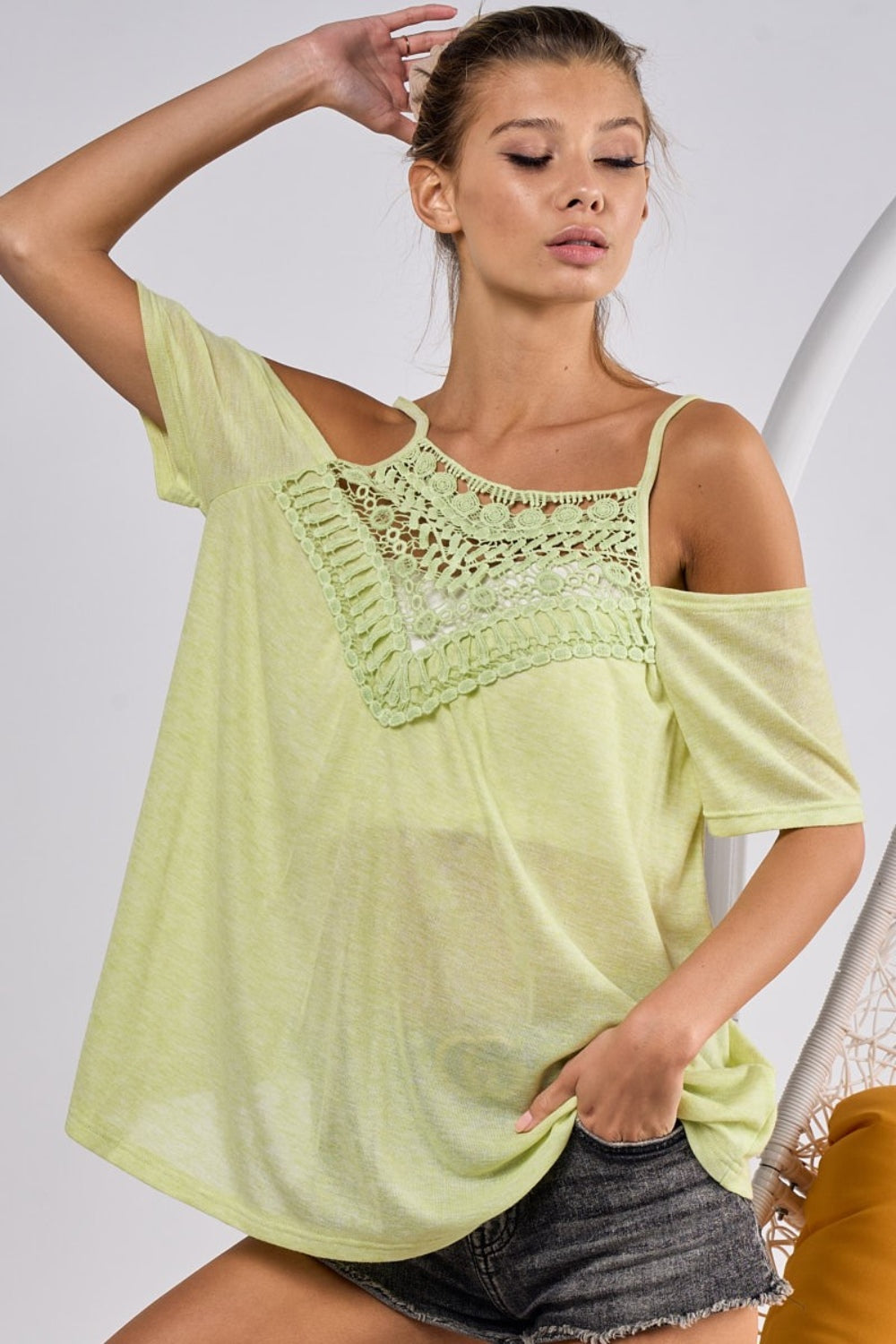 BiBi Front Crochet Lace Off Shoulder Adjustable Spaghetti Strap Top | Lime