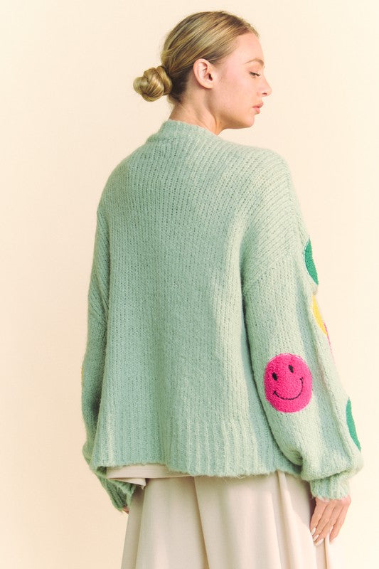 Davi & Dani Fuzzy Smile Long Bell Sleeves Oversized Open Knit Cardigan | Sage