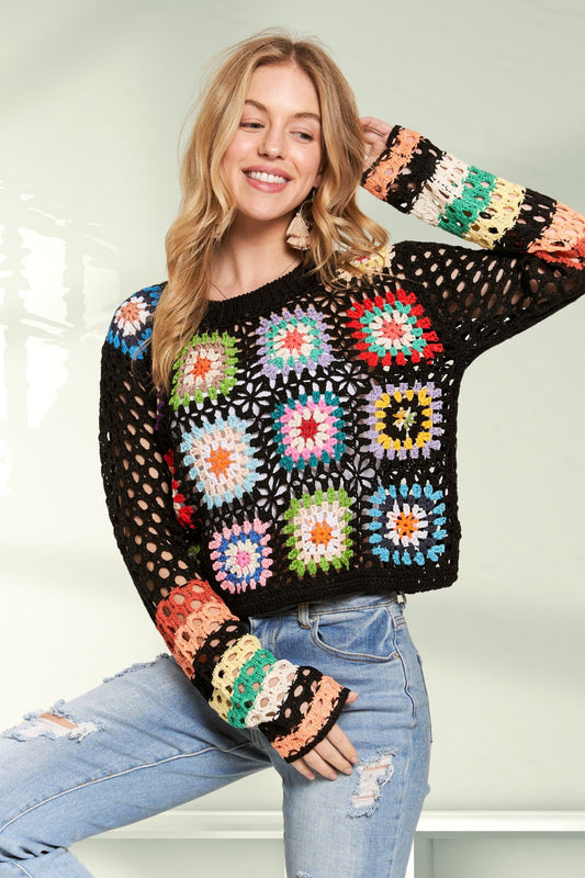 ADORA Lightweight Multicolor Floral Crochet Long Sleeves Cropped Sweater | Black