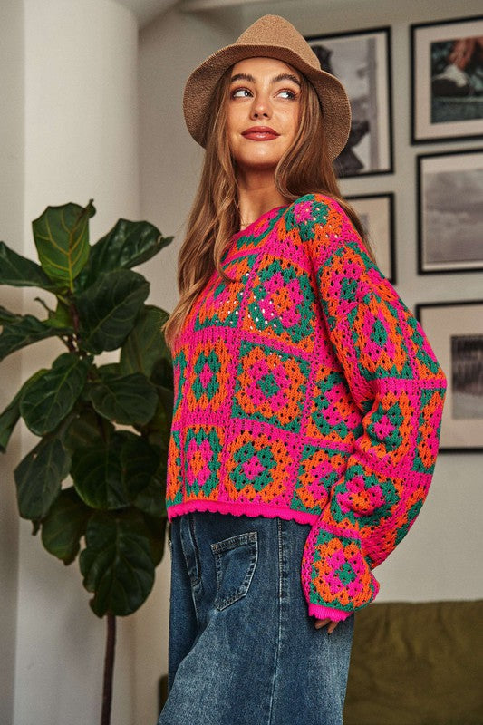 Davi & Dani Crochet Patchwork Round Neck Pullover Sweater