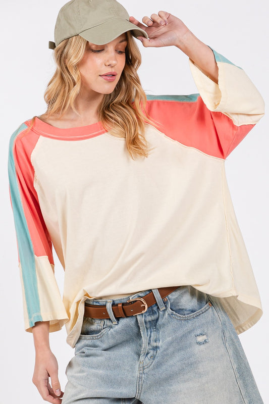 SAGE + FIG Color Block Curved Hem Cotton Knit Relaxed Fit T-Shirt | Magnolia